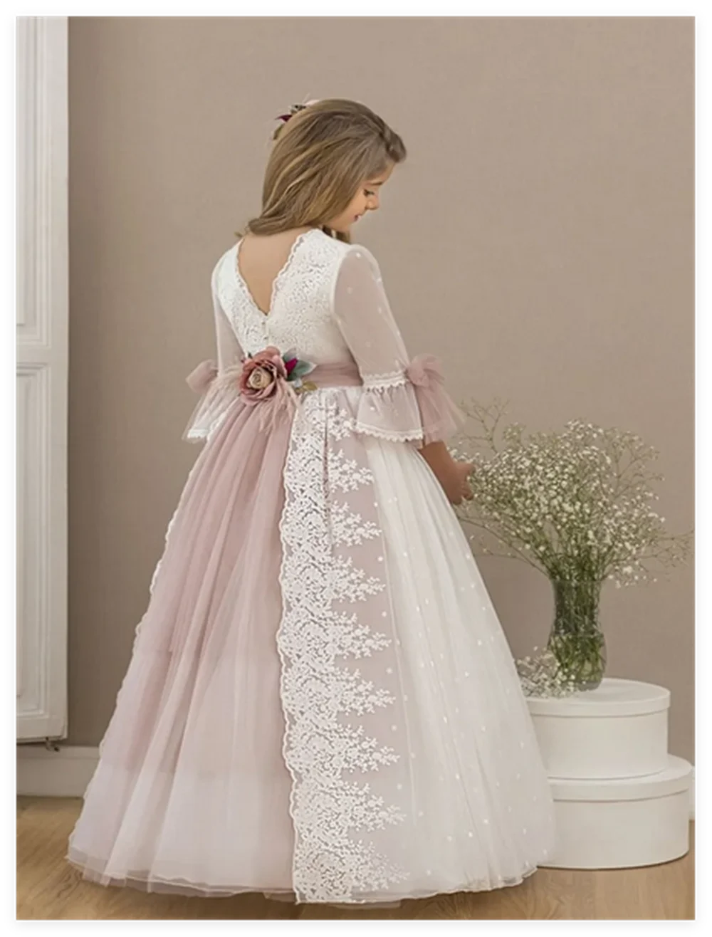 女の子のためのピンクの花のチュールドレス,ふくらんでいるティアード,花柄,長袖,結婚式,誕生日パーティー,初聖体