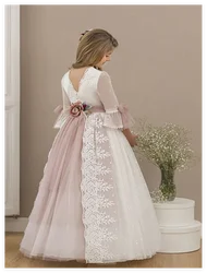 Pink Flower Girl Dresses Tulle Puffy Tiered Flory Pattern Long Sleeve For Wedding Birthday Party First Communion Gowns