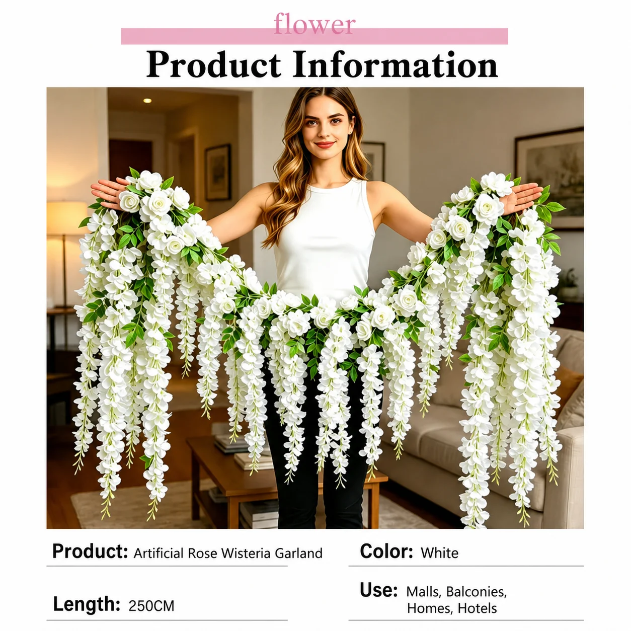 Decorative Flower Vine Natural Artificial White Rose Hanging Flower Decoration Flexible Wisteria Flower Vine For Ceiling view 5