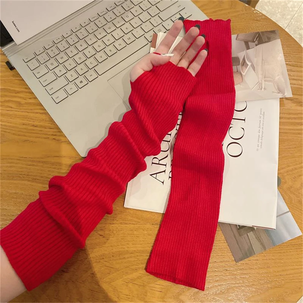 1 Pair Long Knitted Half Finger Gloves Women Winter Fake Sleeve Arm Covers Y2k Lolita Kawaii Mitten Female  Punk Gothic Gloves