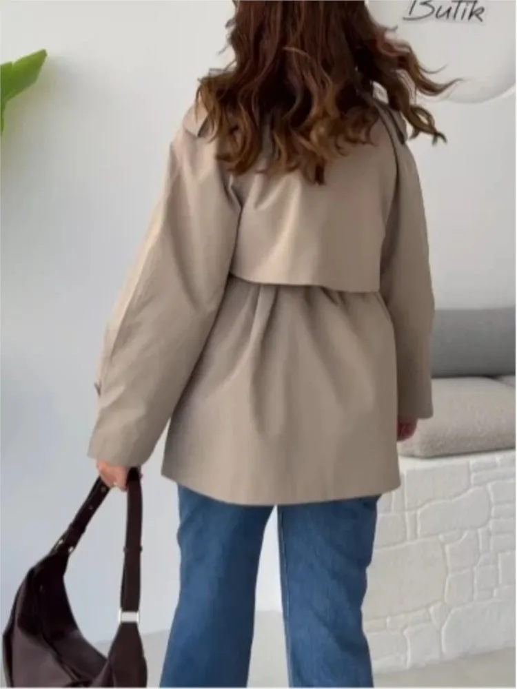 Women's Solid Color Casual Pocket Coat Fashionable Button Lace Up Windproof  Warm Female Short Windbreaker Jacket 2025