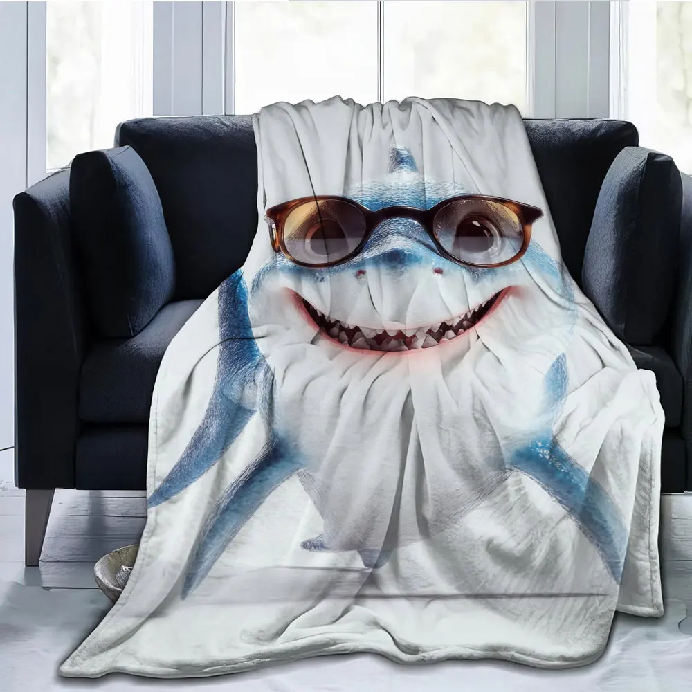 Cute little shark smiling pattern Flannel printed blanket suitable for all seasons suitable for living room office sofa travel