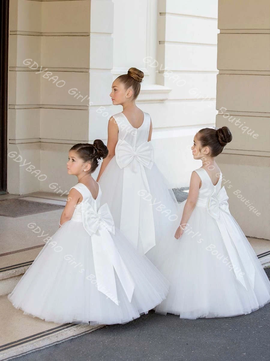 

Customized Kids First Communion Dress Satin Top Tulle Skirt White Sleeveless Flower Girl Dress for Wedding Toddlers Party Gown