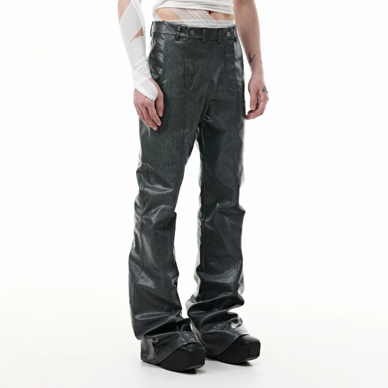 HKSH Spring Autumn New Men Trendy Dark Oil Wax Silhouette Split Low Waist Patchwork Slim Fit Versatile Fashion Ins Pants HK18118