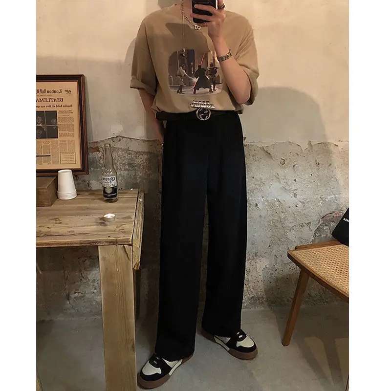 Vintage Solid Color Summer Straight Cylinder Men's Wide Leg Pants Pocket Fashion All-match Street Casual Loose Male Trousers