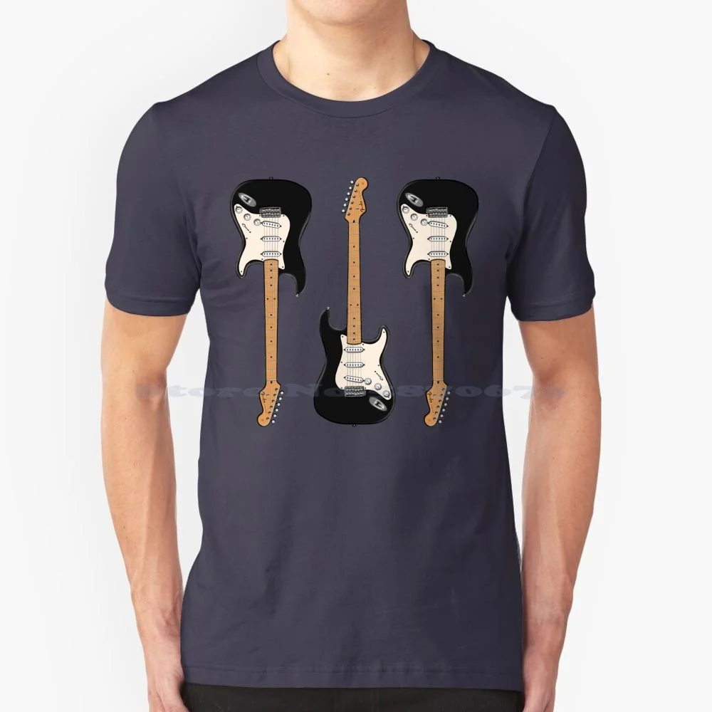 Triple Black Stratocaster T Shirt 100% Cotton Tee Laptop Style Punk Popular Electric Guitar Strings Strum Power Chord