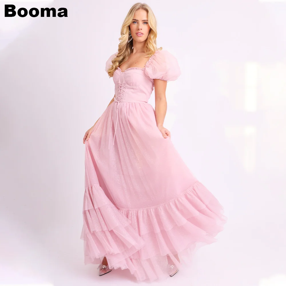 

Booma Pink A-Line Prom Dresses, Shiny Birthday Party Gowns, Sweetheart Short Sleeves Tiered Tulle Homecoming Dress for Girls