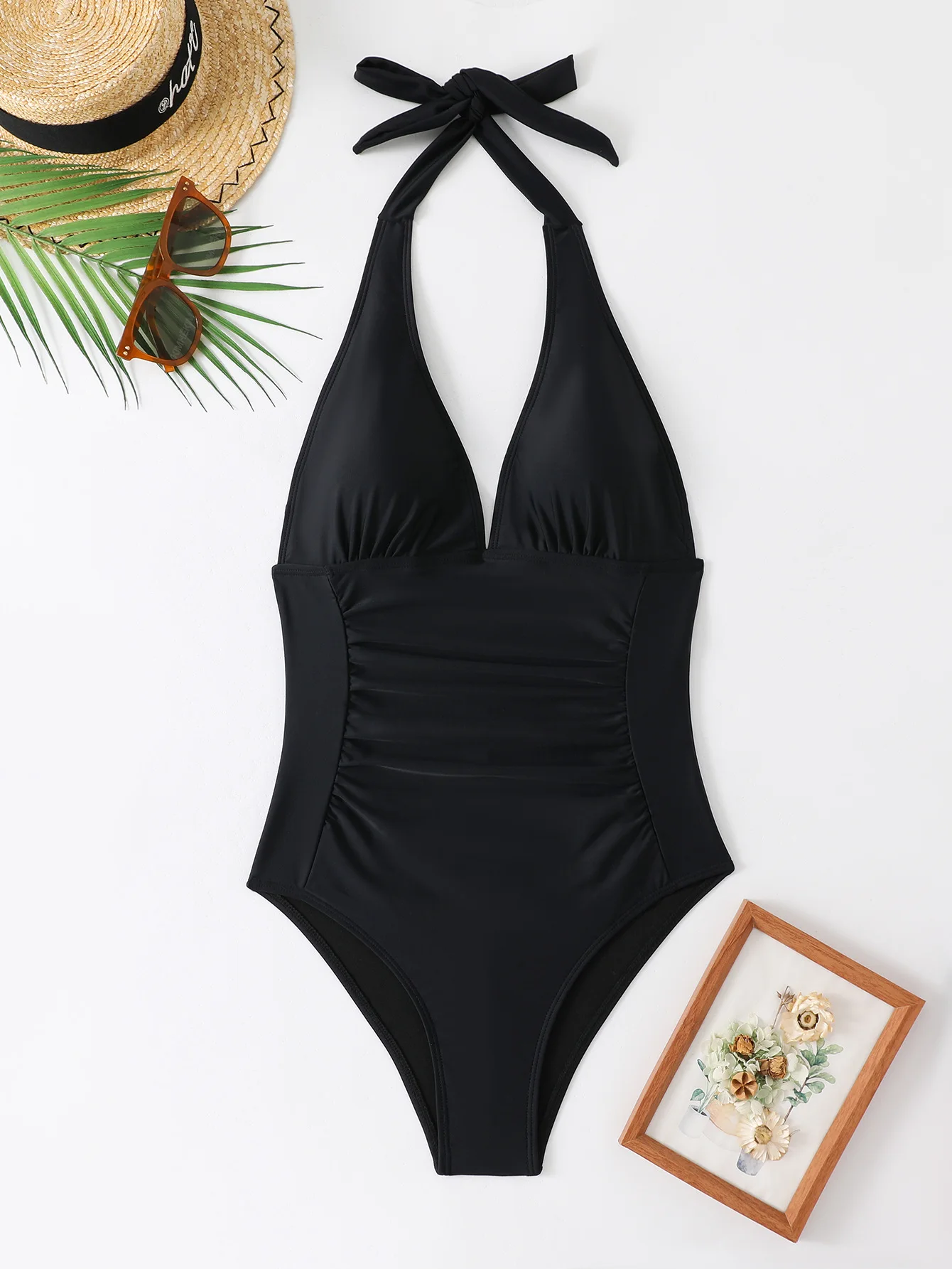 Black Plunge Neck One Piece Swimsuit Woman Backless Bodysuit Swimwear Halter Beach Wear 2025 Bathing Suits Ladies Holiday Summer