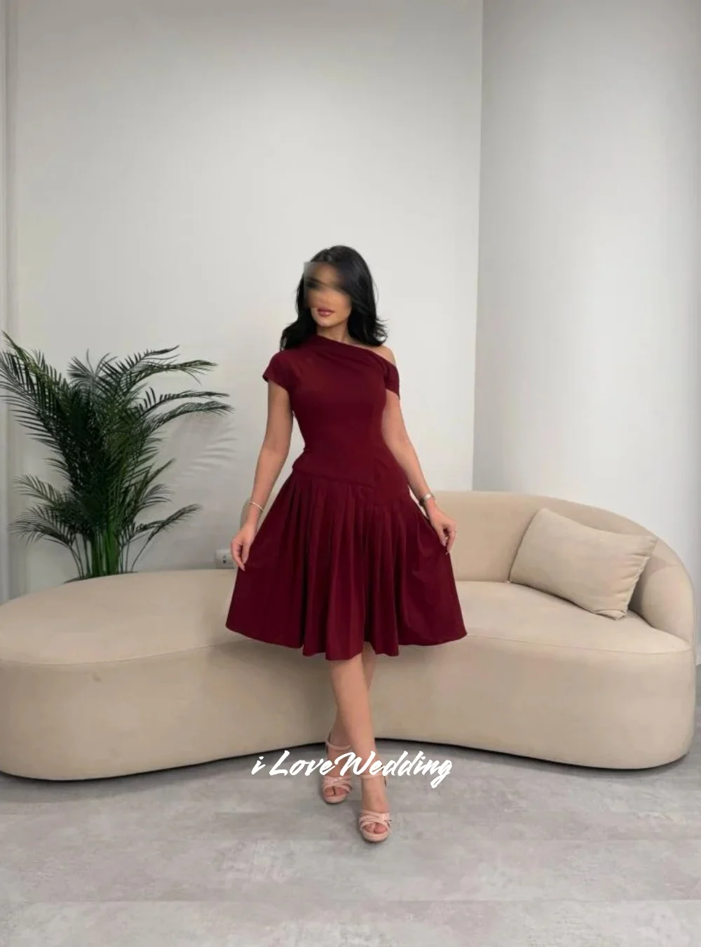

Burgundy One Shoulder Cocktail Dress 2025 2025 Satin A-Line Prom Dress Knee-length Elegant Pleated Wedding Party Dress Customize