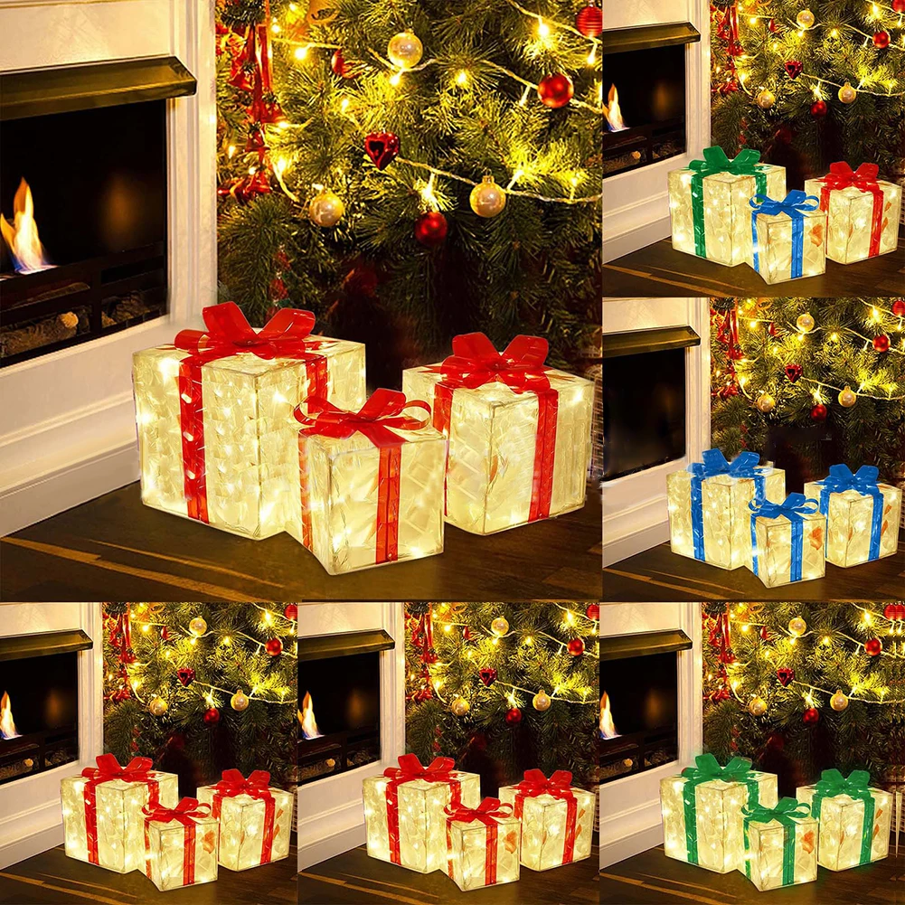 YOUZI PLASTIC 1pc/3pcs Christmas Lighted Gift Boxes Xmas Lighting Box With Bow For Christmas Party Home Indoor Porch Decoration