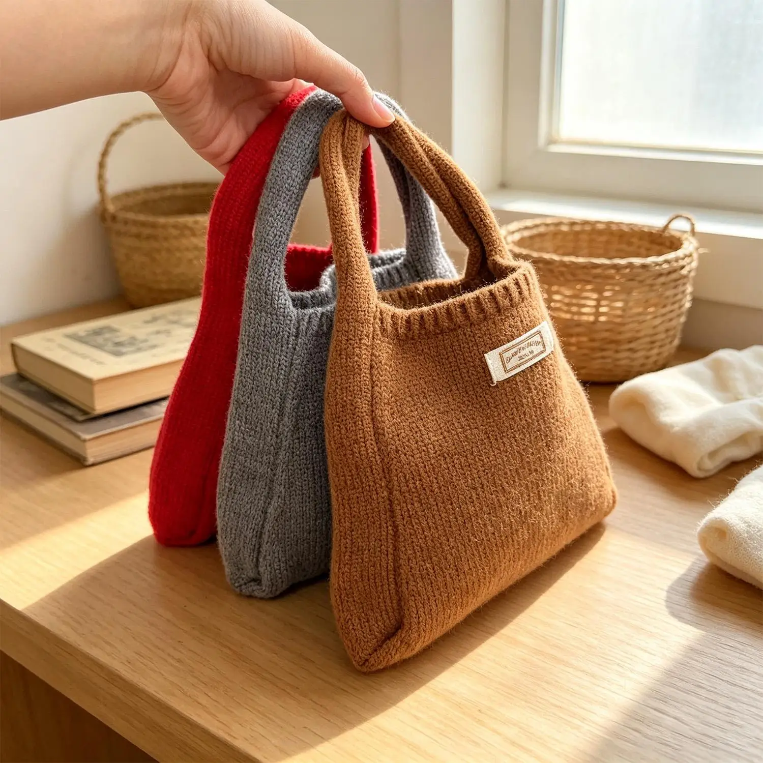Single Shoulder Knitted Mini Top-Handle Bag Solid Color Reusable Woven Armpit Bag Crochet Pattern Material Tote Travel Handbag
