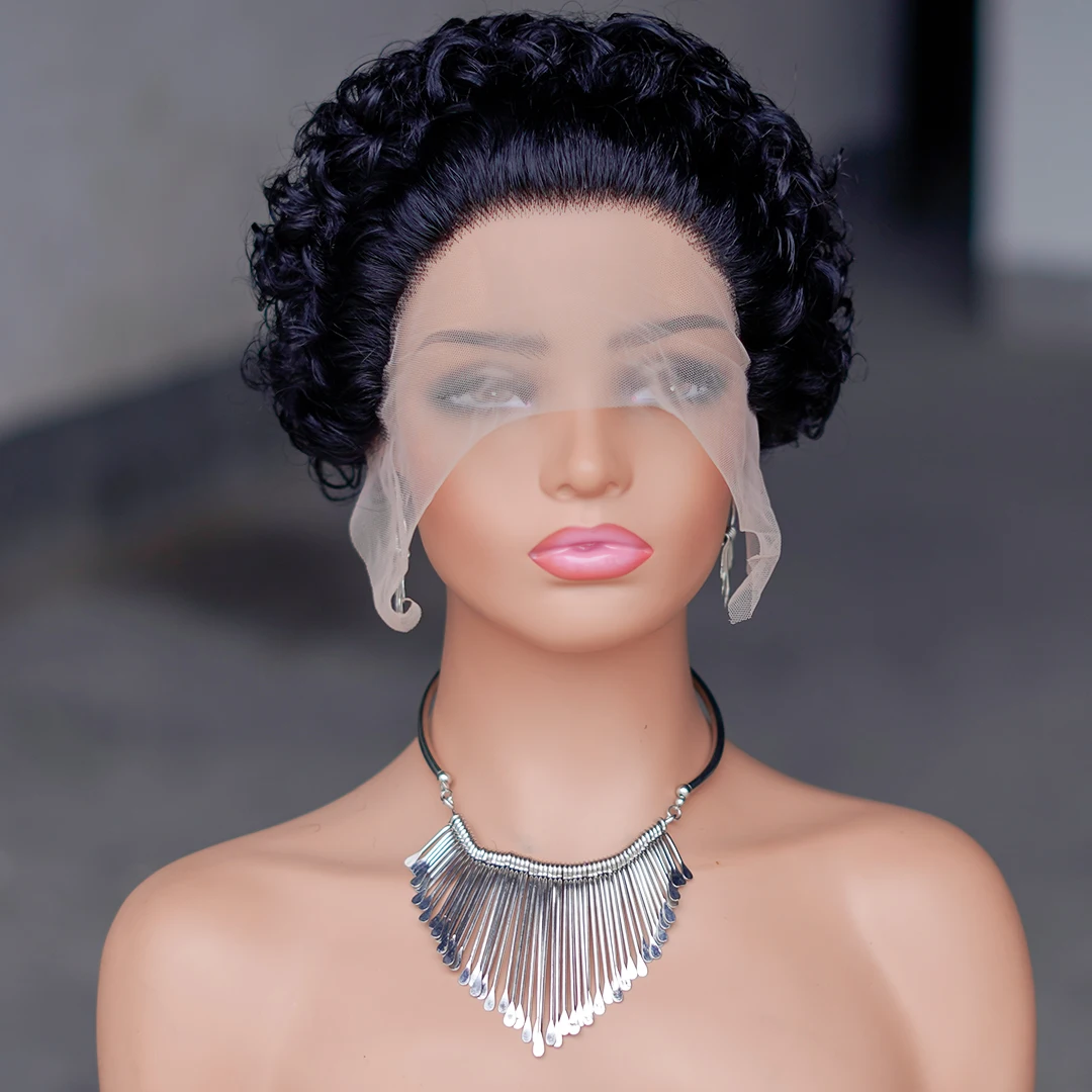 13X1 عابث قطع قصيرة شعر بشري مجعد الدانتيل الباروكات قصيرة مجعد الدانتيل الجبهة خصلات الشعر المستعار الإنسان موجة المياه شعر مستعار مجعد 1B/99J 1B/27 99J