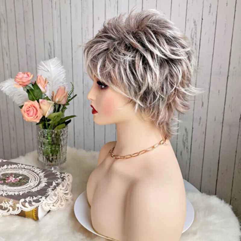 

Женский парик с стрижкой пикси, короткий коричневый, серый смешанный короткий парик с челкой, косплей-вечеринка