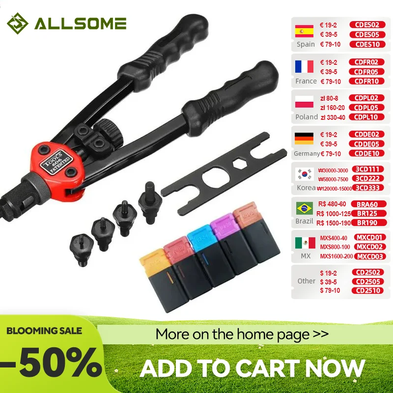 ชุดเครื่องมือหมุดย้ำด้วยมือทั้งหมดชุดเครื่องมือหมุดแบบตาบอดพร้อมด้ามจับ5ชิ้น6-32,8-32,10-24,1/4-20,5/16-18