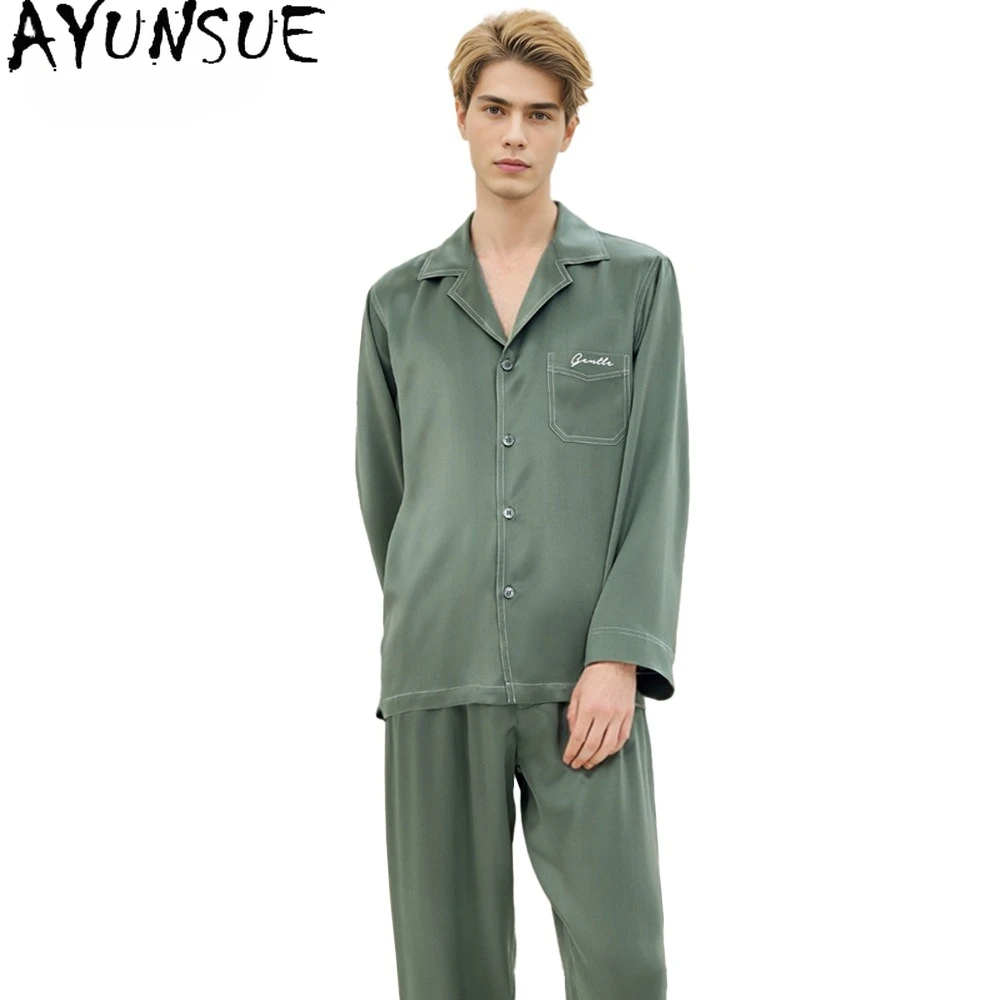 AYUNSUE 19MM 100% Real Mulberry Silk Pajama Set Men Spring Summer Clothes Long Sleeve Top Pants Male Thin Style Мужская Пижама