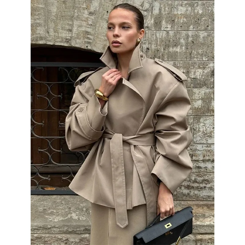 

Женские осенние повседневные куртки на шнуровке, укороченный плащ с шикарным воротником и длинными рукавами, ветровка с широкими плечами и лацканами