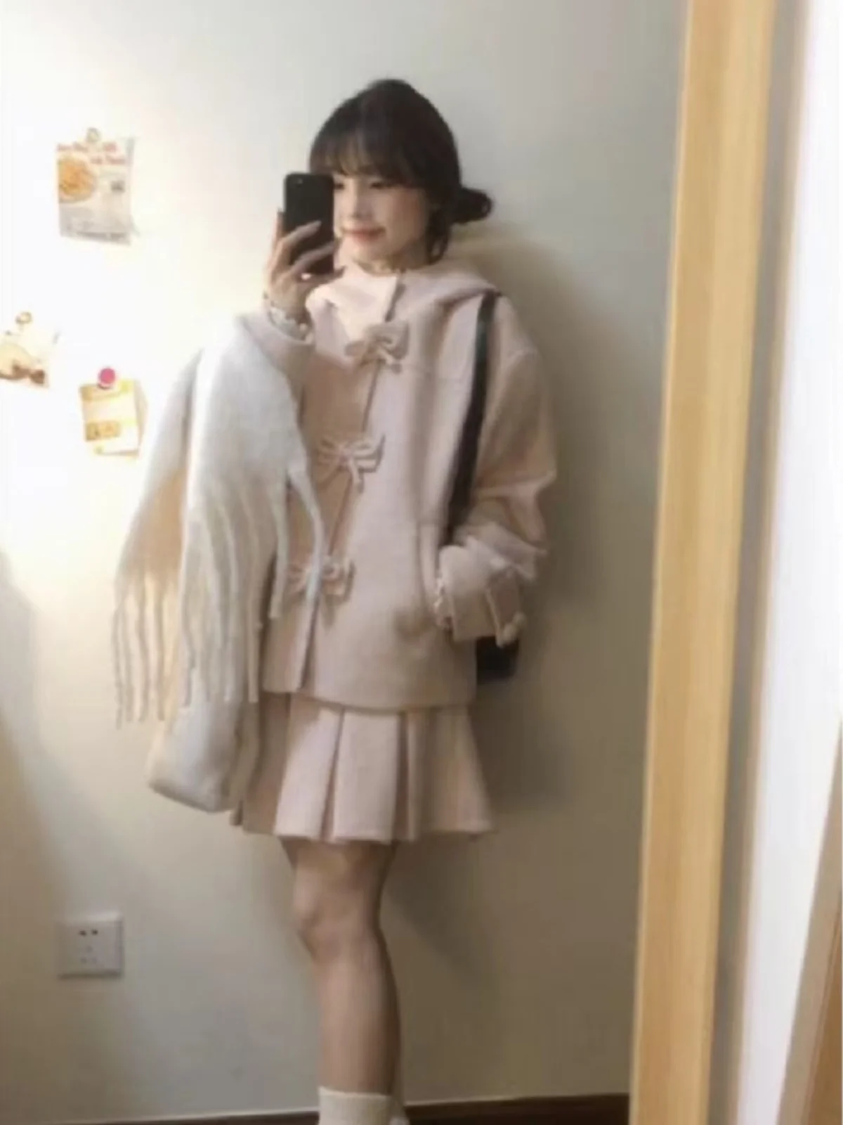 

Winter Sweetened Woolen Coat with Bow Knot Loose Fit Hooded Two-Piece Set for Small Stature Women Elegant Skirt Ensemble