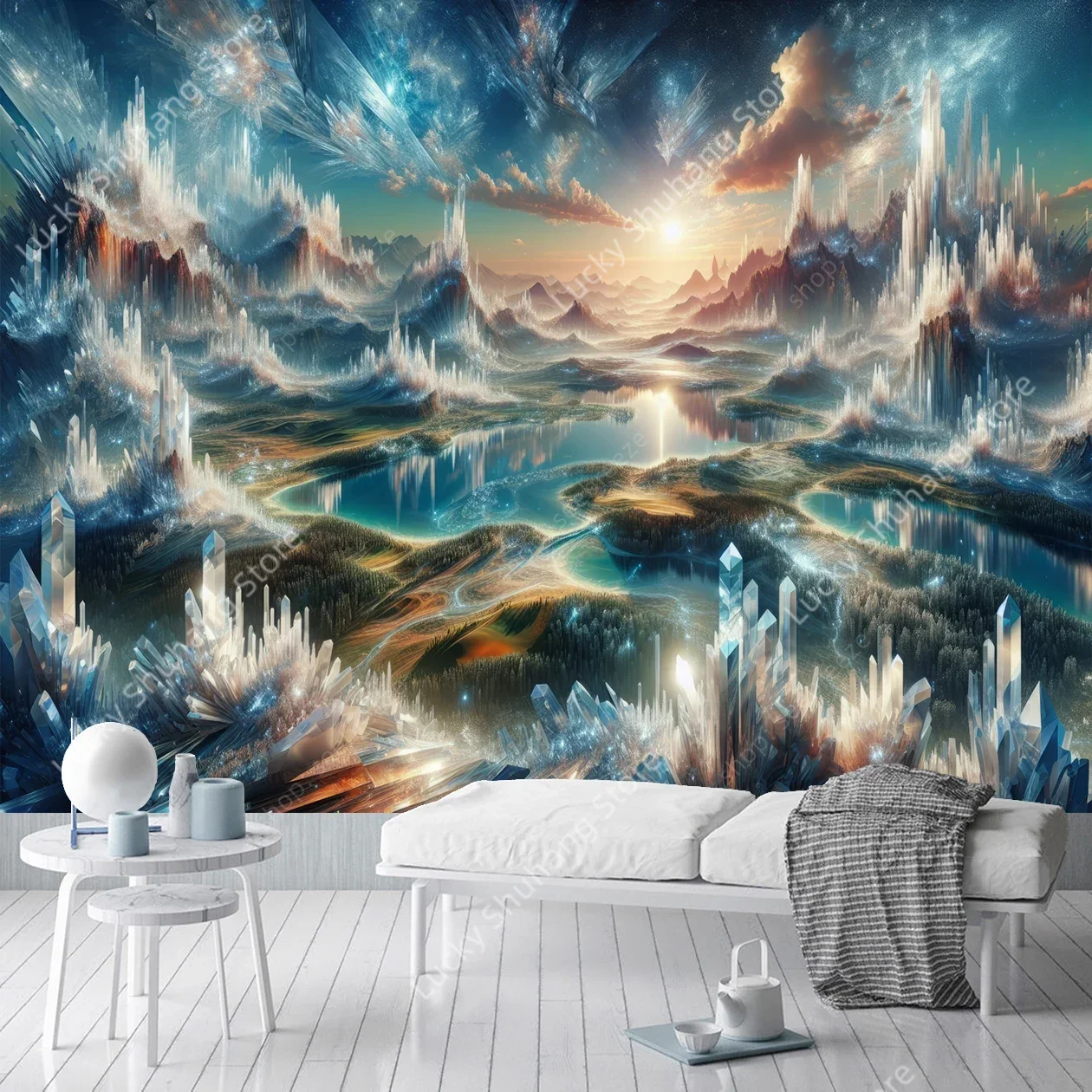 

Iridescent Celestial Crystal Tapestry Wall Hanging Shimmering Mountain Lake Sunrise Sky Decor for Bedroom Living Room Home Art