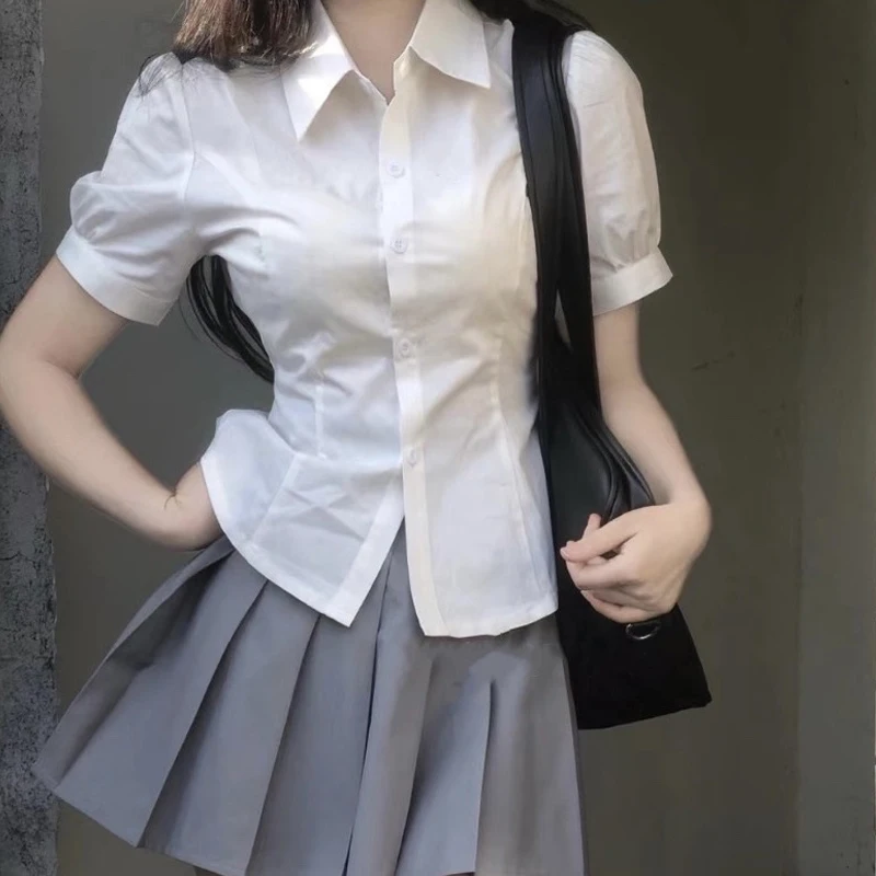 

College Style Student Back Knot White Slim Short-Sleeved Shirt For Women