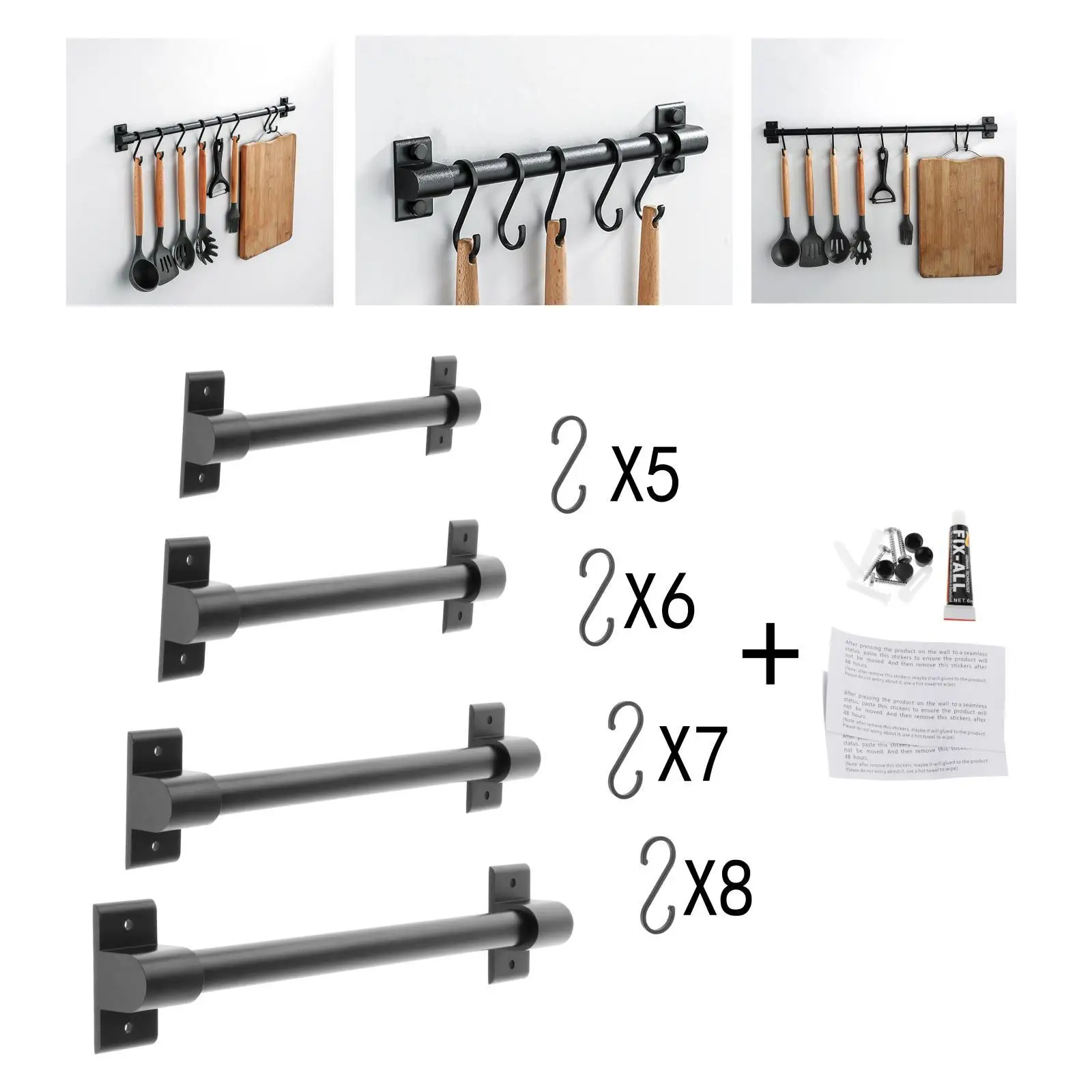 Kitchen Rail Rack with 1Hooks, Utensil Rack Wall Mounted, ing Utensil Holder for Utensils Set and Cookware Black