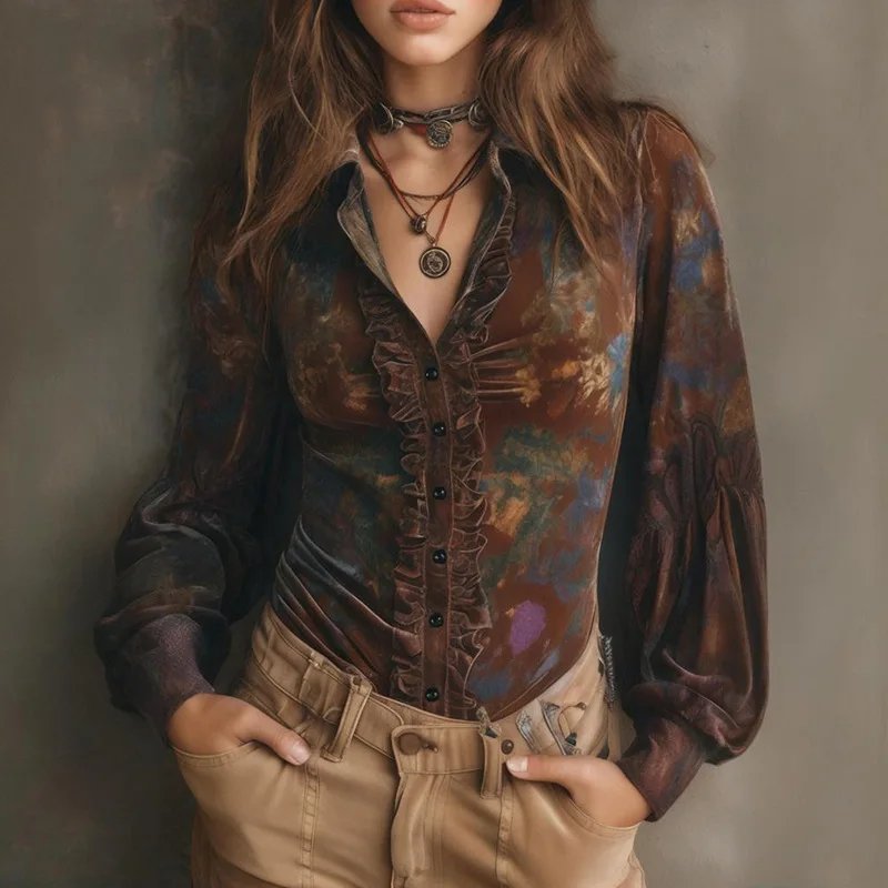 

Vintage Flower Printed Long Sleeve Women Velvet Shirt Commute Ruffle Single Breasted Office Shirt Top 2026 New Bohemian Blouse