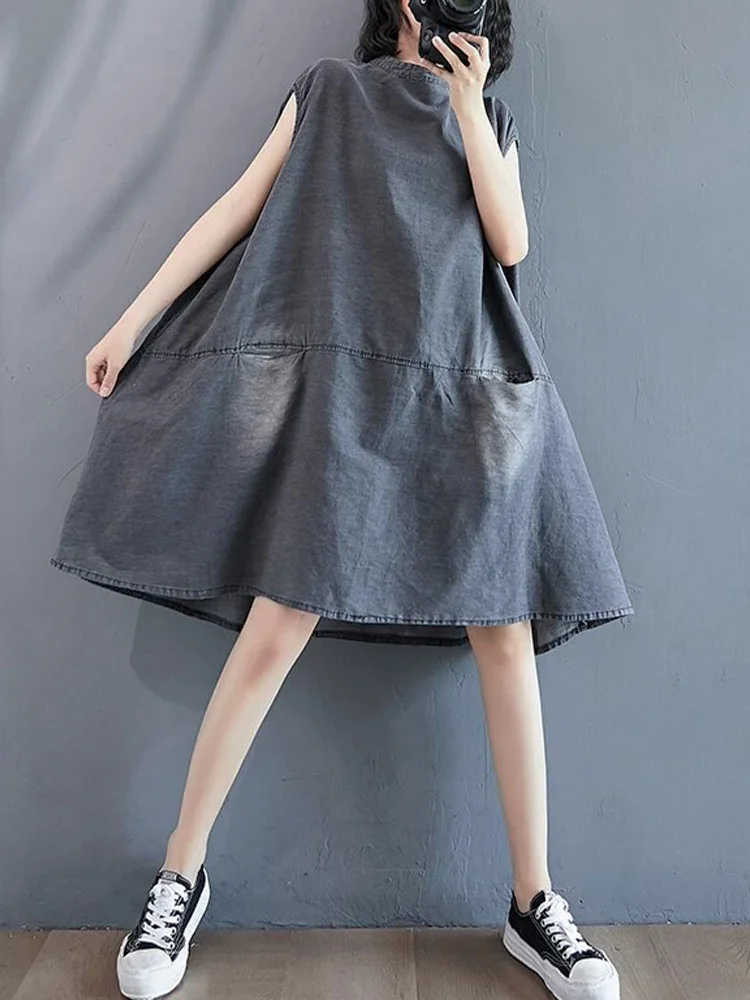 Amax luluE 2026 Summer Womens Fashion Sleeveless Loose Denim Mini Dresses Ladies Luxury Casual Vintage Oversized Cotton Vestidos