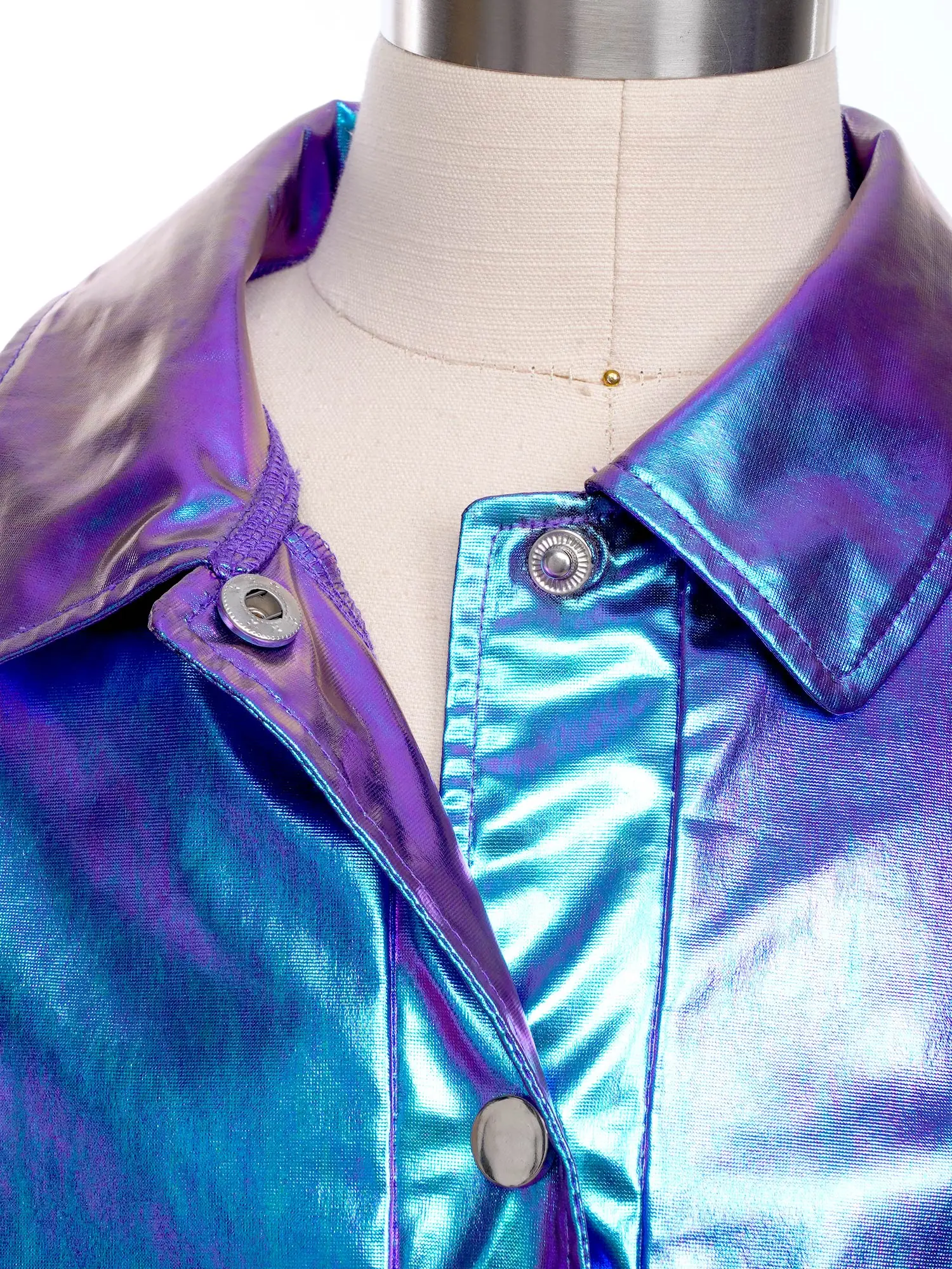 เสื้อแจ็คเก็ตฮิปฮอปแจ๊สสำหรับเด็กผู้หญิง แขนยาว ผ้าเมทัลลิกเงา สไตล์เบสบอล แจ็คเก็ตบอมเบอร์ เสื้อคลุมสำหรับงานปาร์ตี้เรฟและการแสดง