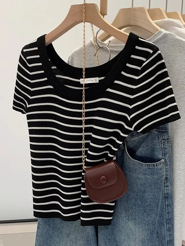 

Женская трикотажная футболка в полоску U-Ne размера плюс, утягивающий летний топ, юбка трапециевидной формы с высокой талией для поездок на работу