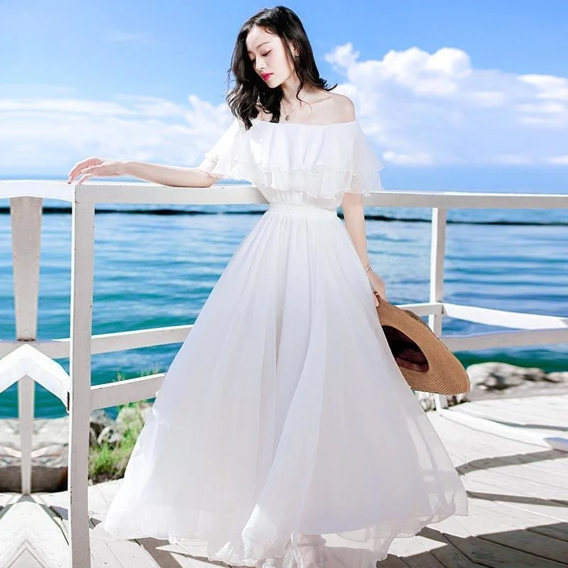 

2022 Summer Long Dress Women Elegant Holiday Dresses Short Sleeve Slash Neck Off Shoulder Ruffles White Chiffon Party Dresses