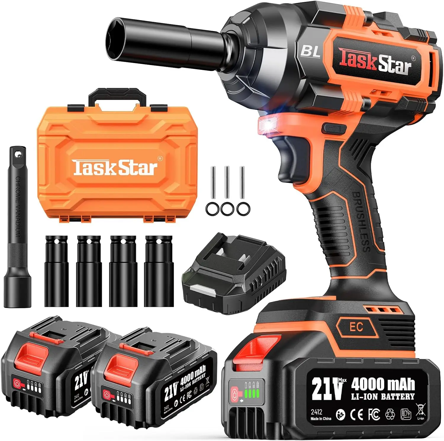 

Cordless Impact Wrench 1/2“, 1110 Ft-lbs(1500 N.m) Brushless High Torque Impact Gun, 2 * 4.0 Ah Batteries, Fast Charger, Socket