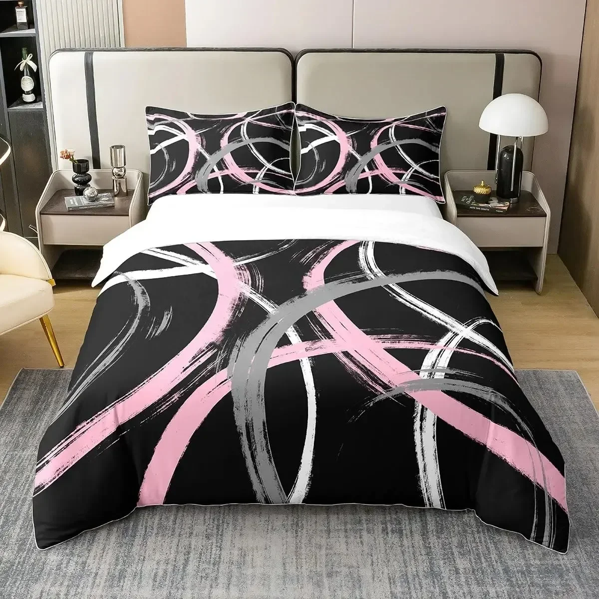

Red Grey White Geometric Bedding Set Full Size Stripes Duvet Cover Bedroom Decor Comforter with 2 Pillow Case Duvet Cover Set