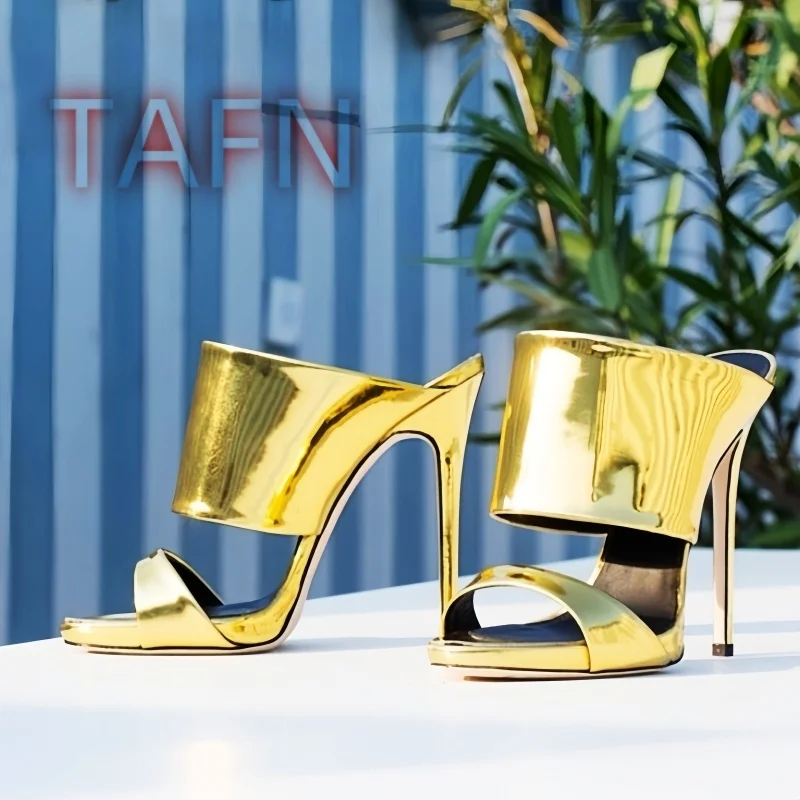 Patent Leather Open-Toe Stiletto Heel Mules Shoes Summer Women 12cm High Heels Shoes Ladies Elegant New Party Slippers Big 44