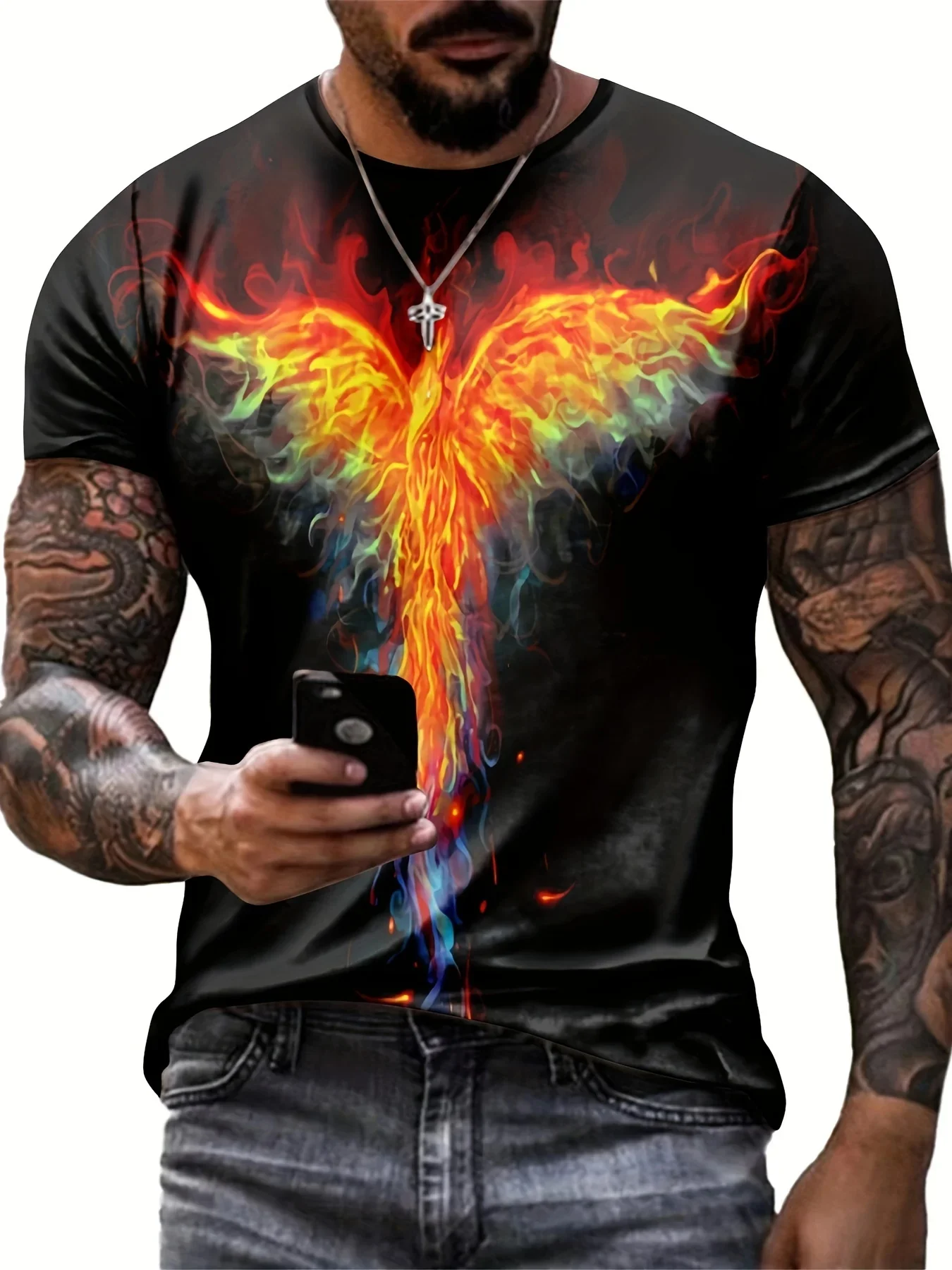 

New 3D Flame Wings Graphic Print Men's Trendy Color Block Short Sleeve Crew Neck T-shirt Summer Outdoor Mens Sportswear Tshrits