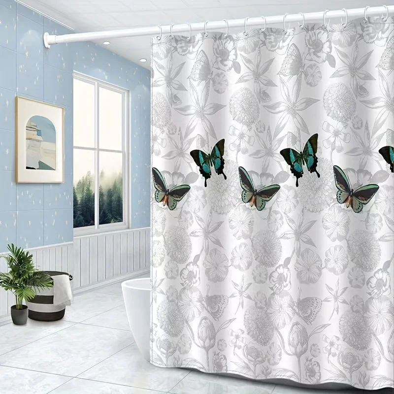 Grey Line Floral Butterfly Shower Curtain, White Base Teal Wing Insect Print Waterproof Bath Curtain for Fresh Minimal Bathroom