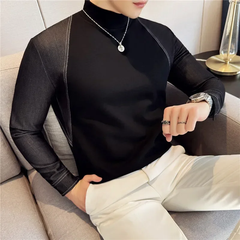 Korean Fashion Denim Patchwork Base Shirt for Men Long Sleeve Slim Fit Half High Neck T-shirt Versatile Casual Social Tee Tops