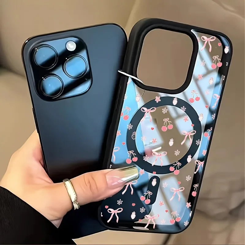 For iPhone 17 Pro Max 16 15 14 13 12 11 Case Cartoon Pink Cherry Small Bow Magnetic Cover For iPhone Air 17E 16E 16 Plus Fundas - view 5