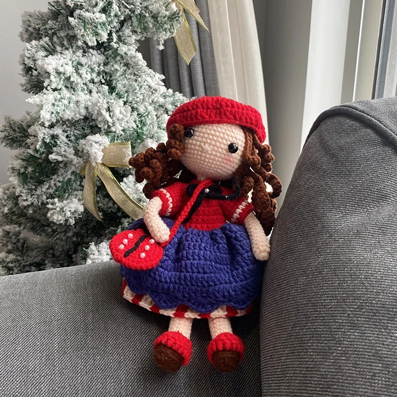 

Knitting Toy beret girl dolls with dress Crochet Soft Cotton Toys Handmade Knitted Toy Quality Material finished Knit Fabric Toy