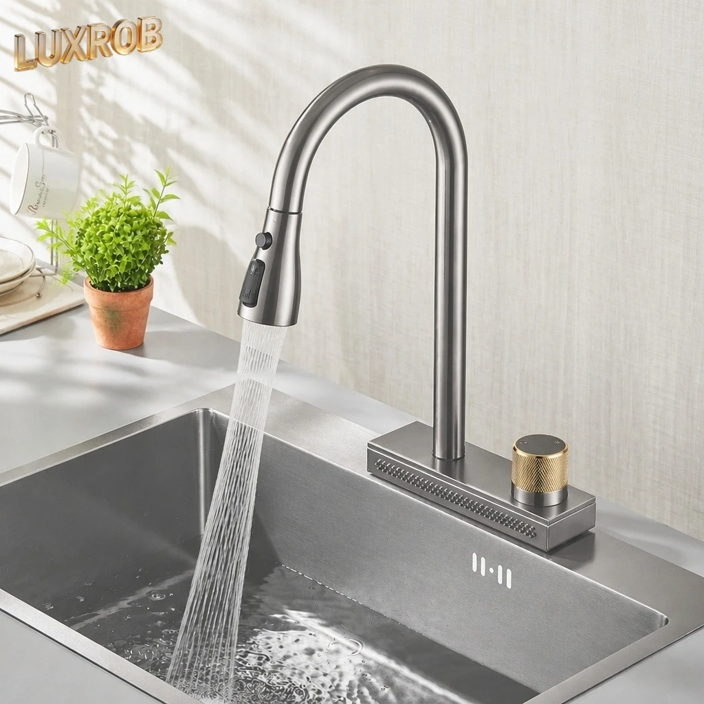 New Kitchen Faucet With Rainfall Waterfall Wash 4 Function Brass Single Hole Pull Out Mixer Hot Cold Water Taps Deck Mounted