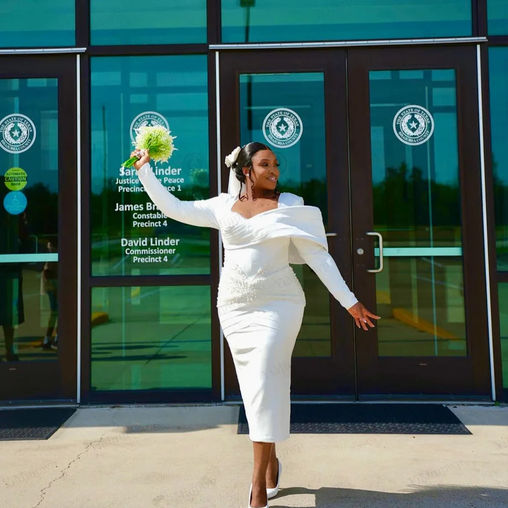 

Customized Beaded African Straight Civil Wedding Dresses Long Sleeves Lace Women Lace Up Back Bridal Gowns For Black Girls