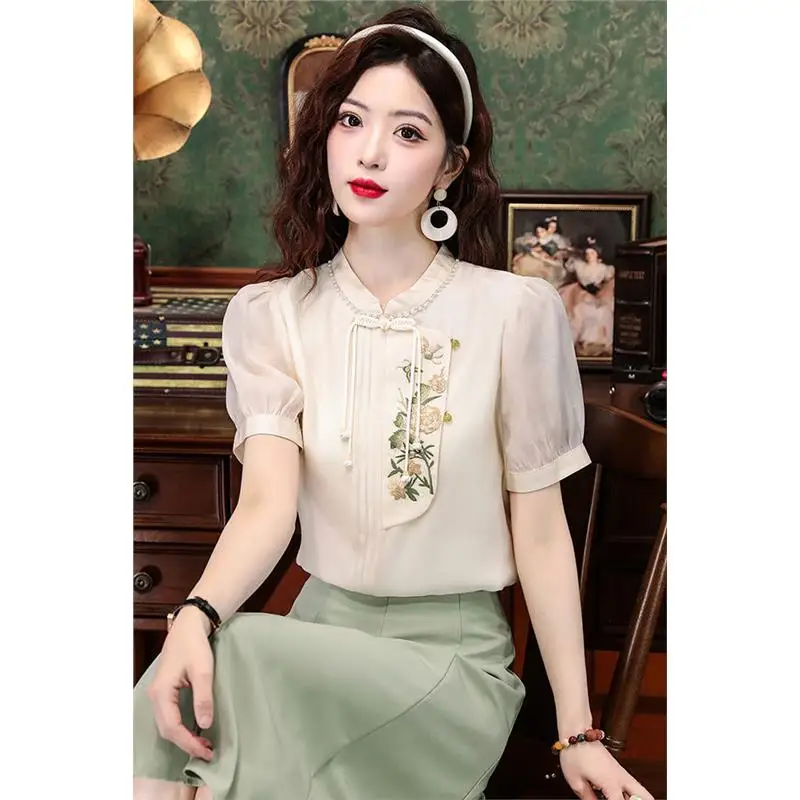 

Новая китайская блузка на пуговицах с вышивкой из шифона, элегантный топ с коротким рукавом, весна-лето, новый дизайн, женская мода