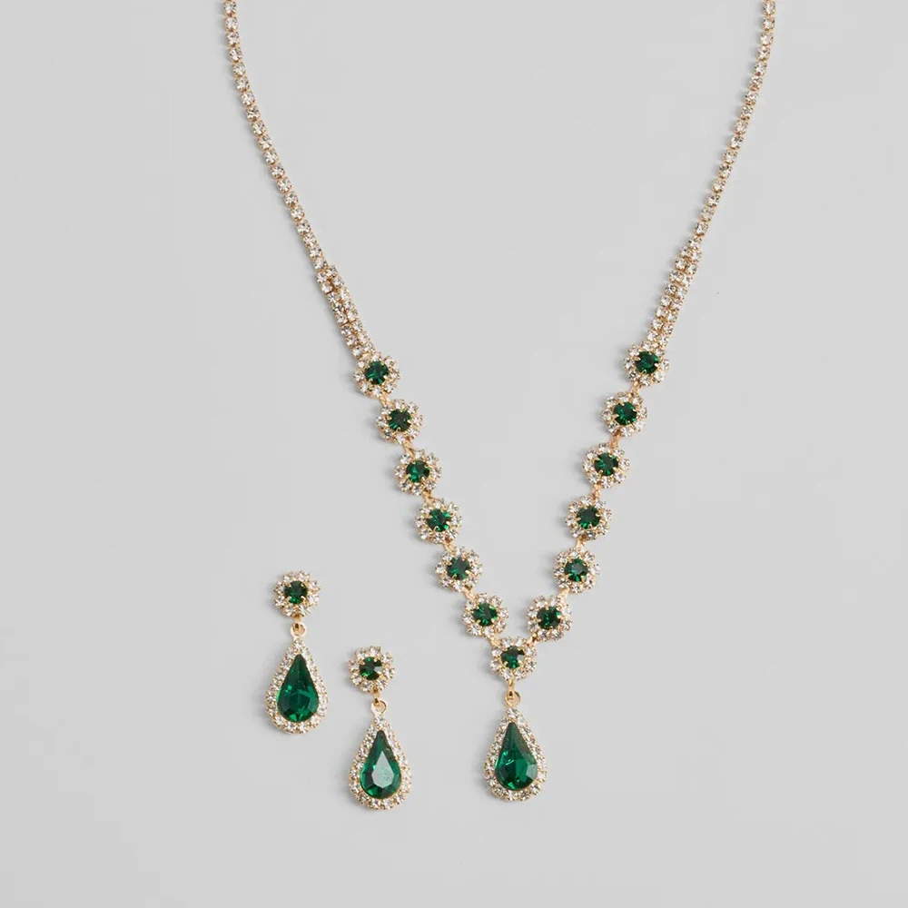 Stonefans Simple Green Water Drop Necklace Set Wedding for Women Fashion Rhinestone African Bridal Jewelry Set Bridesmaid Gifts