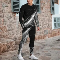 Fashion Line 3D Print Men's Sportswear Set  Street Wear Long-Sleeved T Shirt Pants 2-Piece Set Oversized Pullover Men Clothing