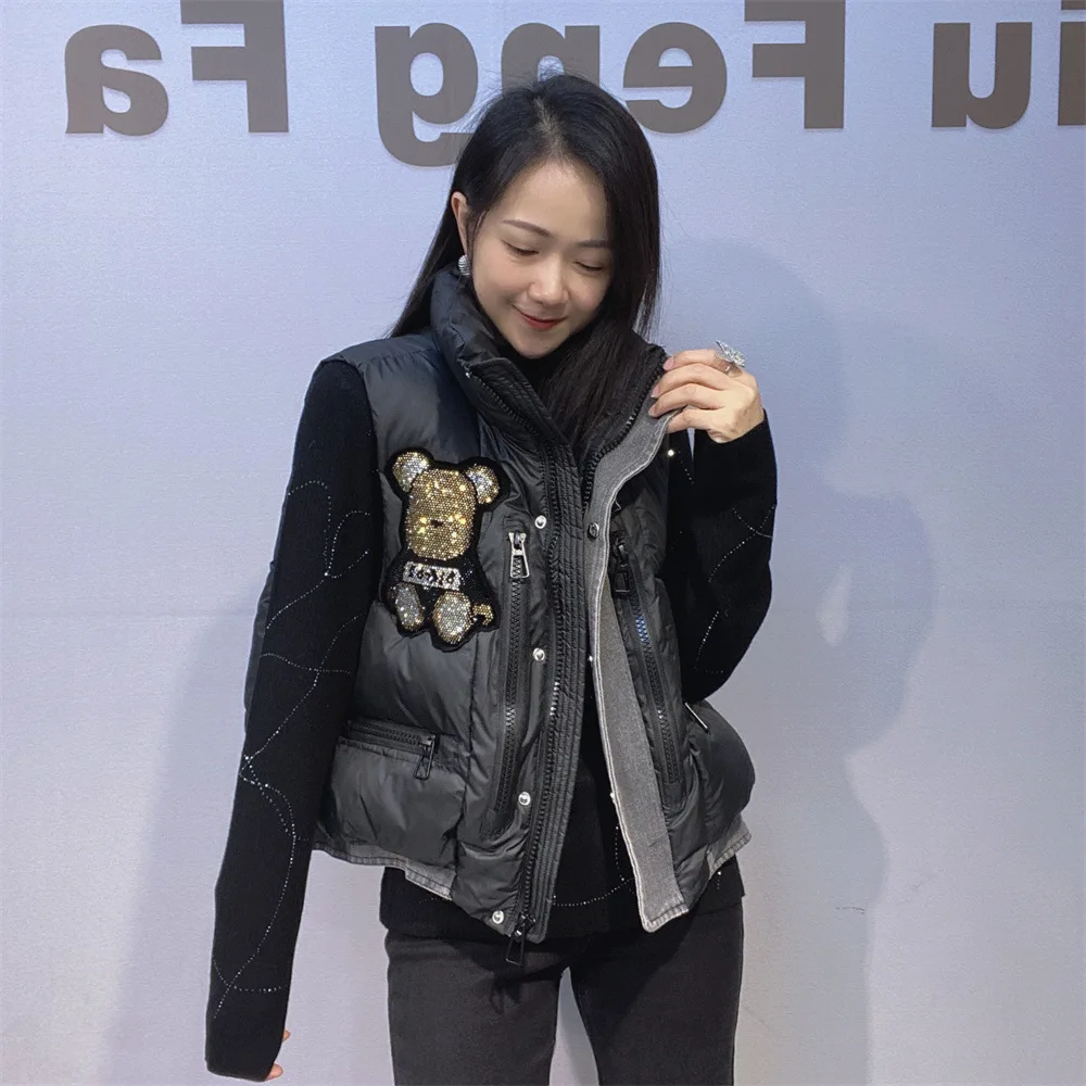 

Oversized Zipper Waistcoat Women Autumn Winter Clothes Cartoon Diamonds Stand Collar Vest Casual Sleeveless Outfit Жилет Женский