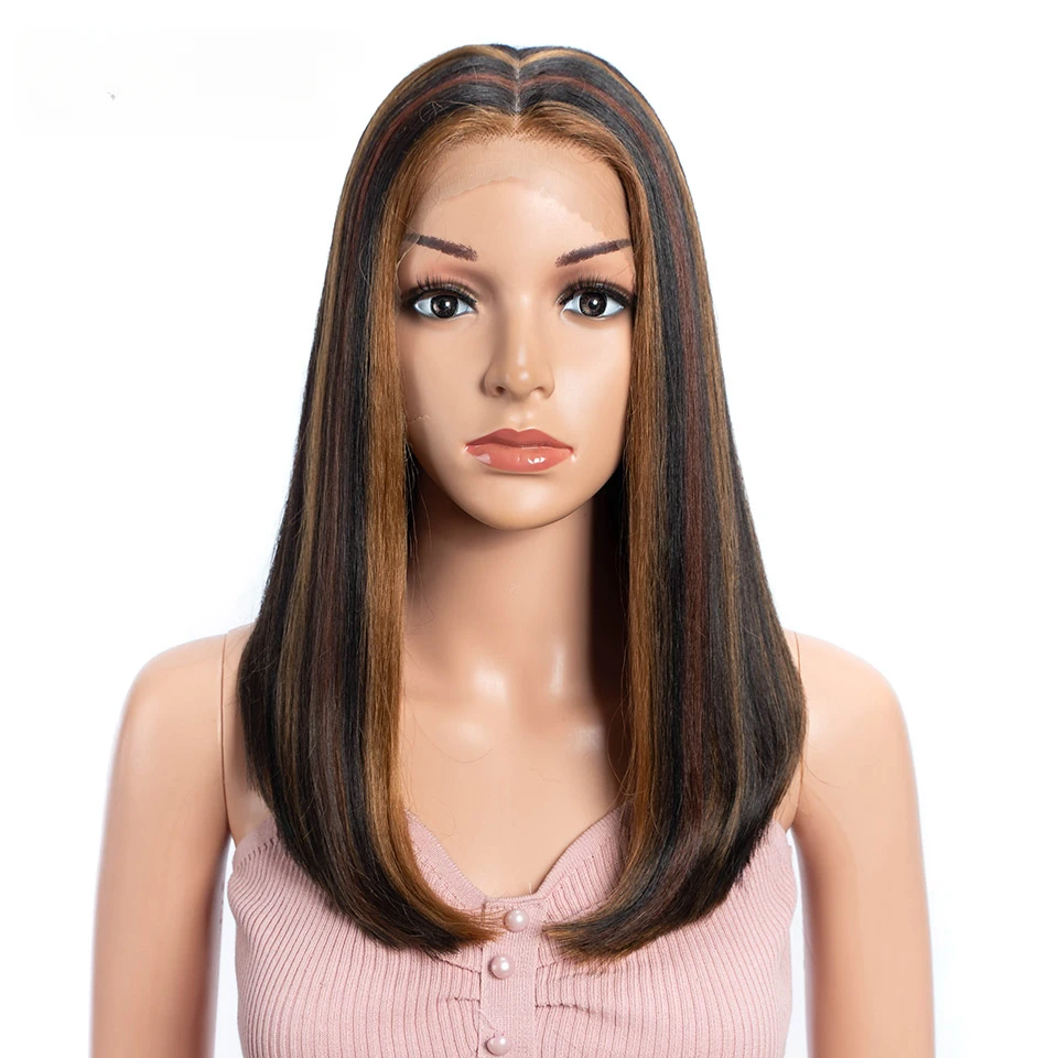 Peluca de cabello sintético liso para mujer, pelo de bebé con encaje frontal, Bob, marrón, 14 pulgadas, Cosplay