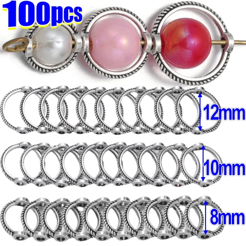 8/10/12mm Vintage Round Frame Wrapped Bead Connect Rings Spacers Sliver Through Hole Beading Cap DIY Bracelet for Jewelry Making