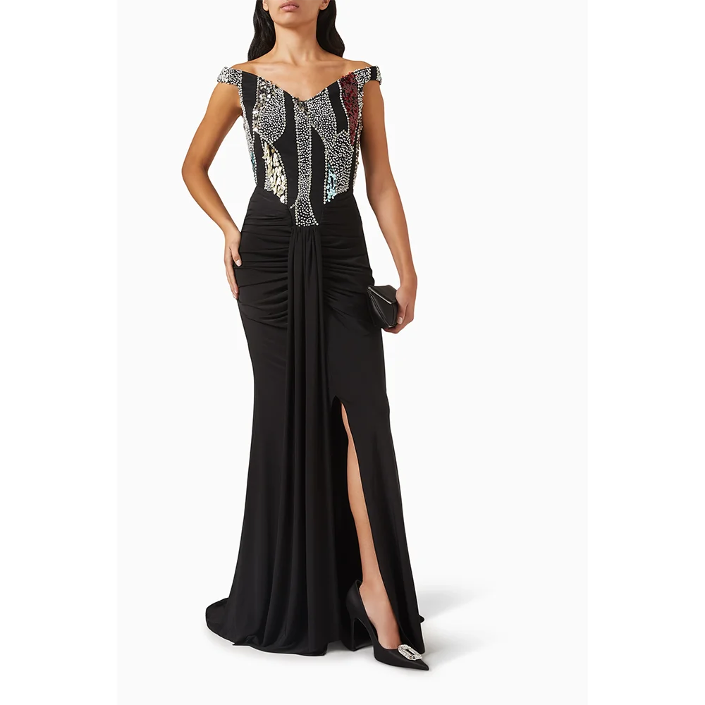 Customized Off The Shoulder Long Evening Dresses Elegant Formal Occasion Prom Gowns Bead Crystal Floor Length Prom Dresses