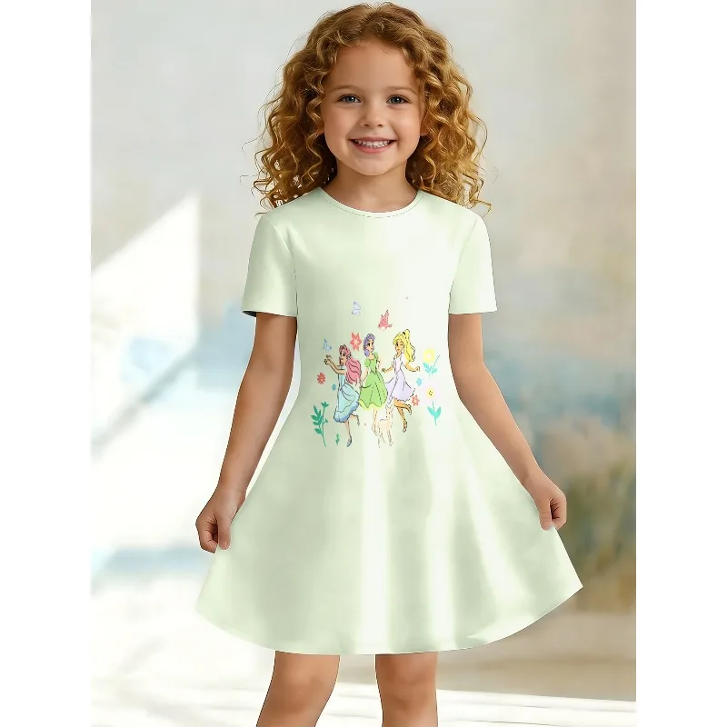 Girl's Cute Fairy Princess Printed Short Sleeved Dress in Light Green, Suitable for Children's Casual Summer Wear on Birthdays