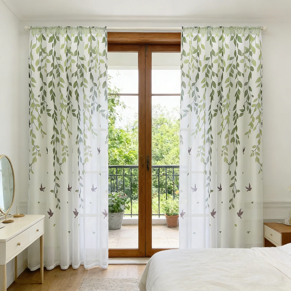 Green Field Plant Willow and Swallow Transparent Tulle Curtains For Bedroom,Living Room, Filter Light Window Screen Home Decor