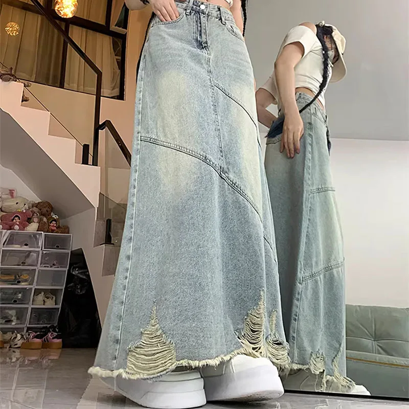 Womens Washed Denim Maxi Skirt High Waist Distressed Fringe Hem Asymmetrical Stitching Casual Broken Cowboy Skirt Y2K Streetwear