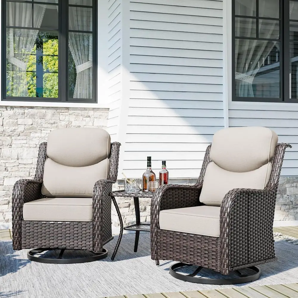 

2-Piece Outdoor Swivel Rocker Chairs Set with Side Table, Beige Wicker Patio Furniture for Deck or Porch